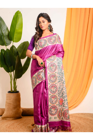 Madhubani Hand Paint Tussar Saree in Shades of Purple - BSHP32